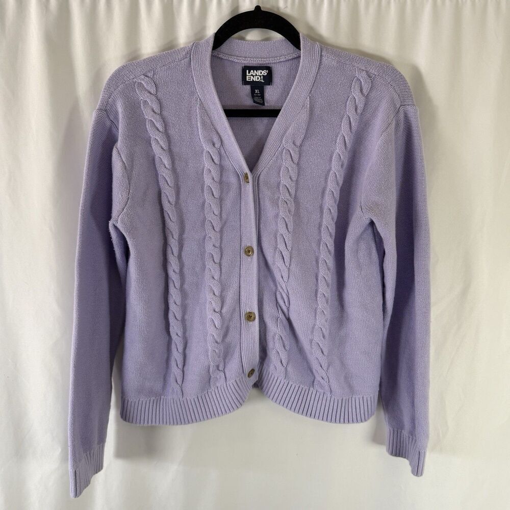 Lands End Cardigan Girls XL 14-16 Purple Cable Knit 100% Cotton Button Front